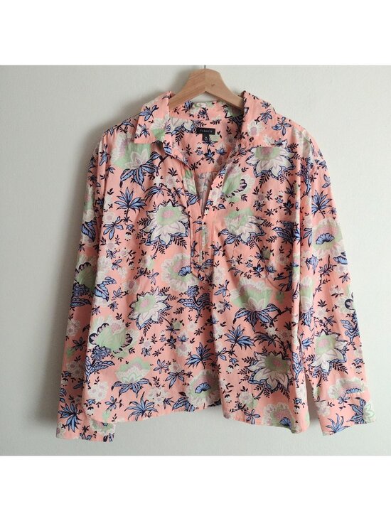 Talbots Tops - Talbots Printed Popover Blouse XL Salmon Pink Floral Cotton Relaxed Fit Top